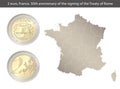 France. 2 Euro coin. 50th anniversary of the signing of the Treaty of Rome. Reverse and obverse of France two euro coin. Royalty Free Stock Photo